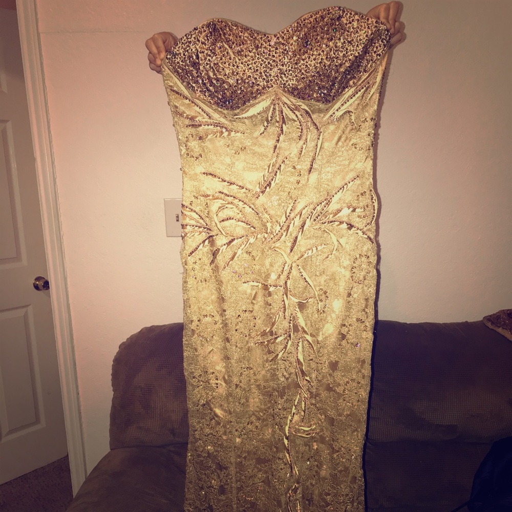 Beautiful long gold dress for special occasion.